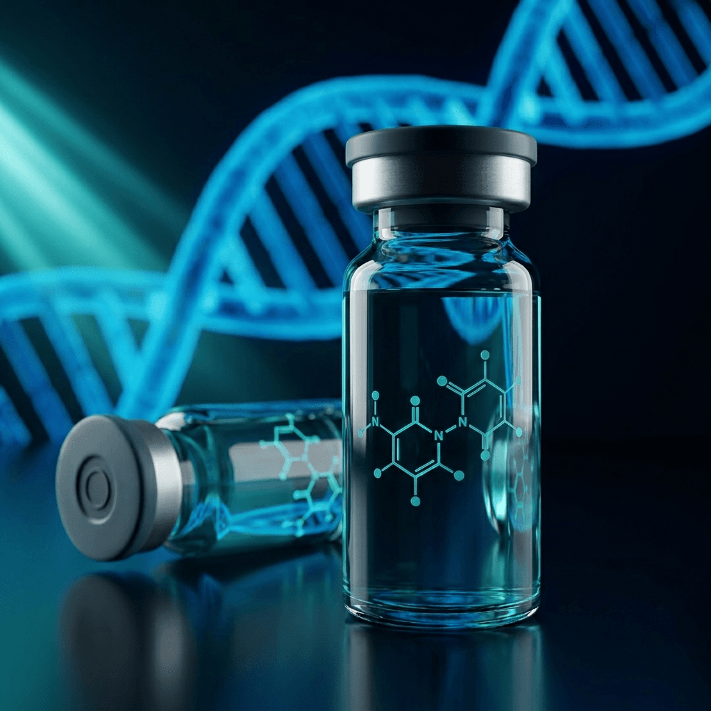 Research-grade peptide vials with peptide molecular structure detail